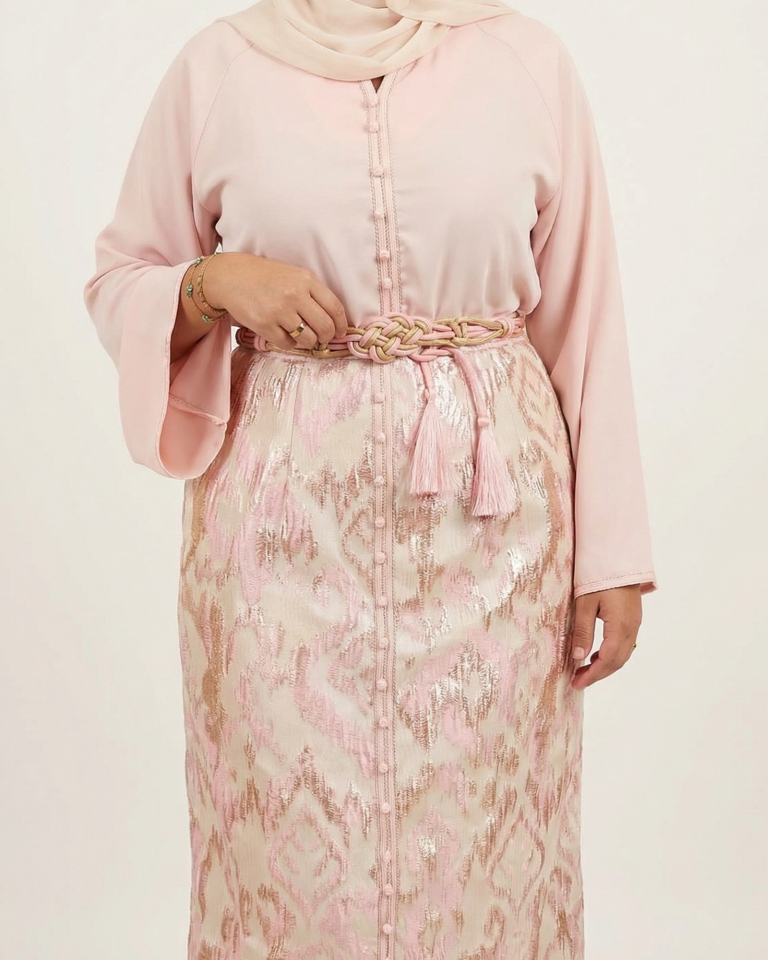 Ensemble jupe brocart “Rose Poudré” – Style Caftan