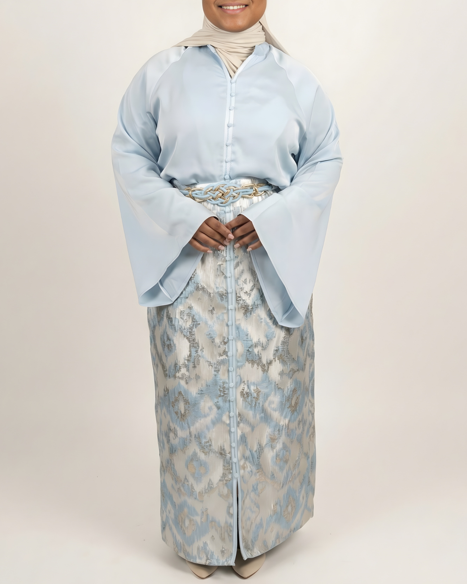 Ensemble jupe brocart “Azur Céleste” – Style Caftan