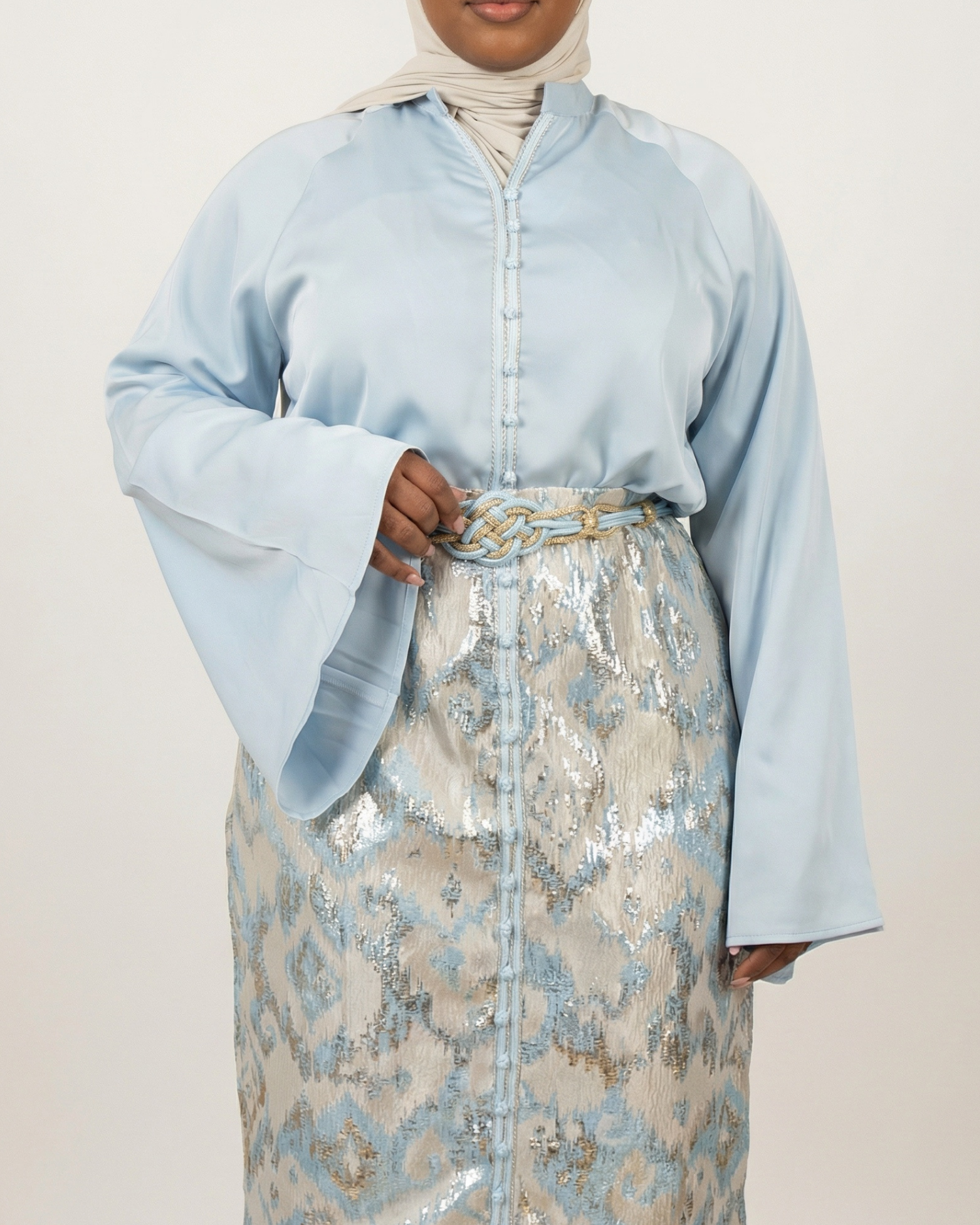 Ensemble jupe brocart “Azur Céleste” – Style Caftan