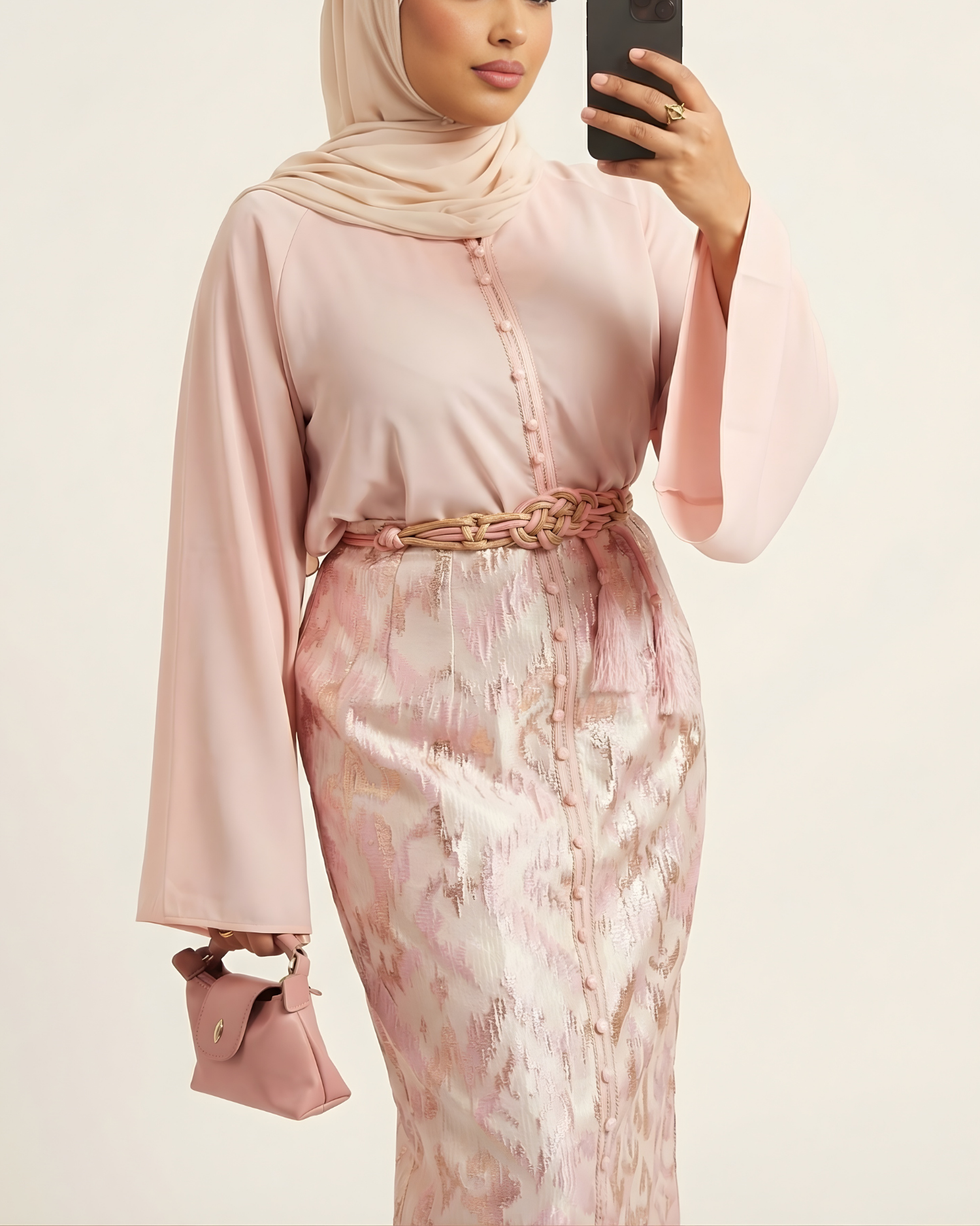 Ensemble jupe brocart “Rose Poudré” – Style Caftan