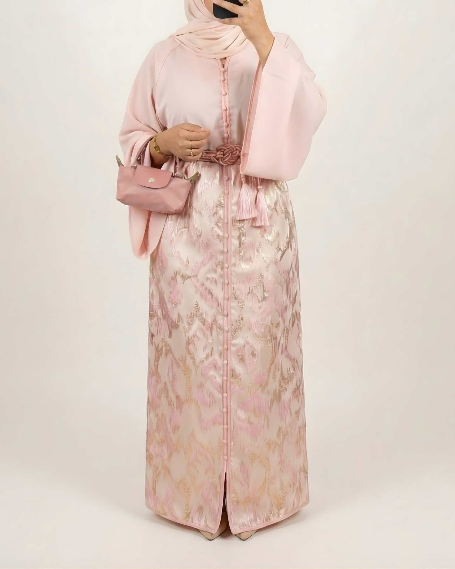 Ensemble jupe brocart “Rose Poudré” – Style Caftan