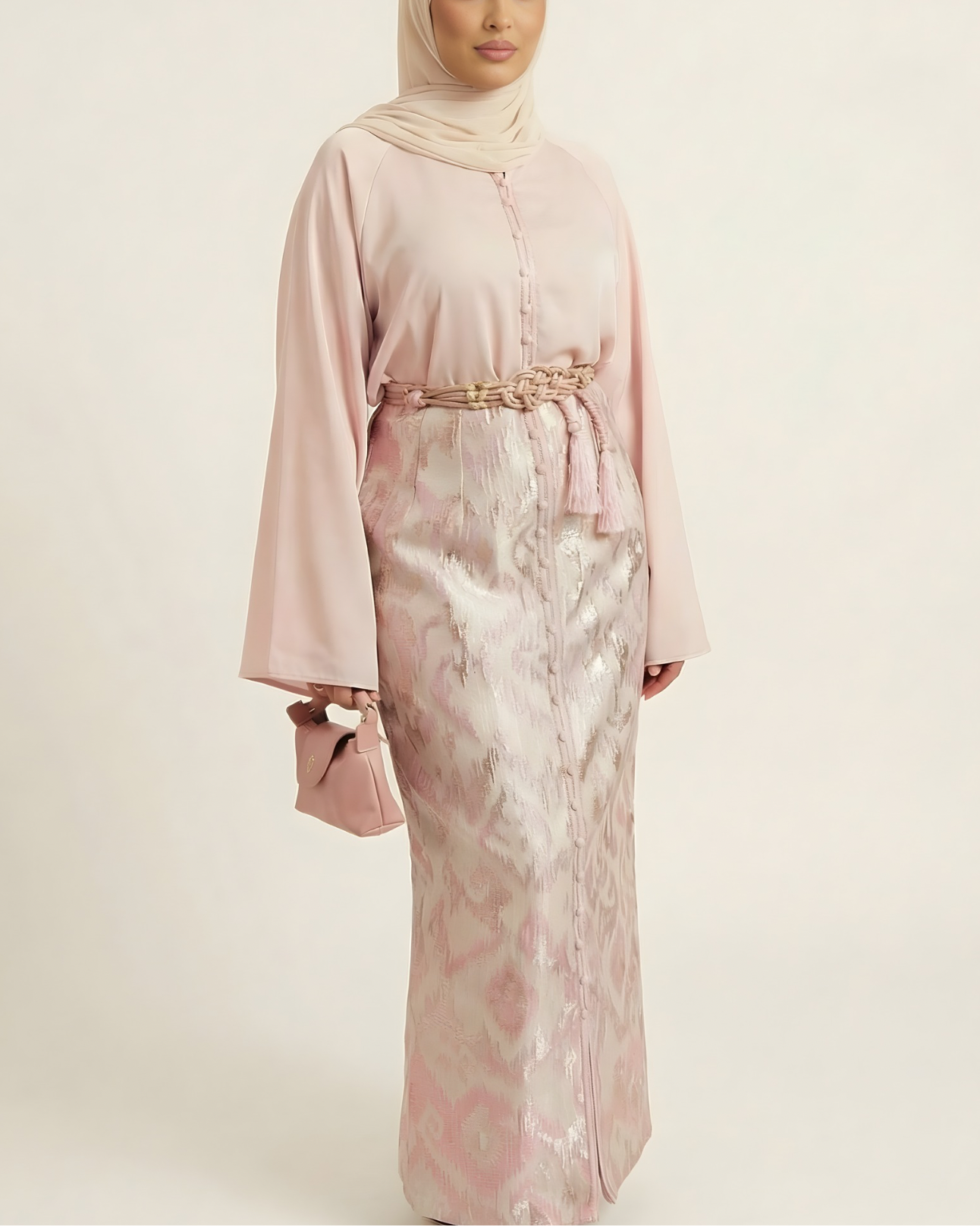 Ensemble jupe brocart “Rose Poudré” – Style Caftan